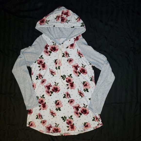 CHRIS AND CAROLGRAY AND WHITE FLORAL SPRING HOODIE - Picture 1 of 4